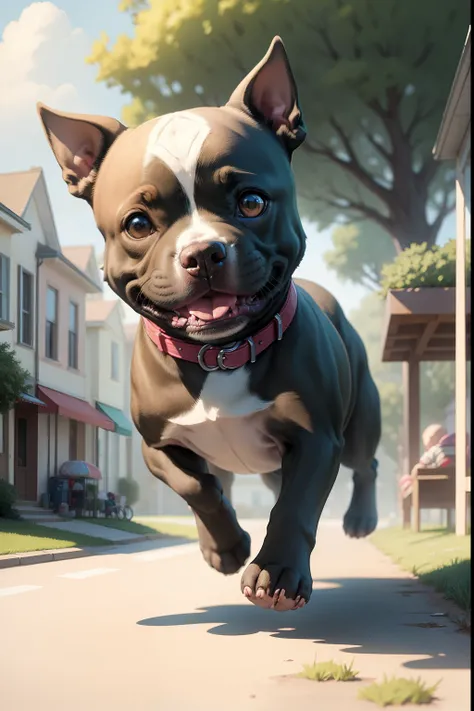 Toy store, cute baby American Staffordshire Terrier gray playing ,running, sunny day, peaceful neighborhood, green hills, happiness childrens illustration, super super realistic,  anime ,highly detailed