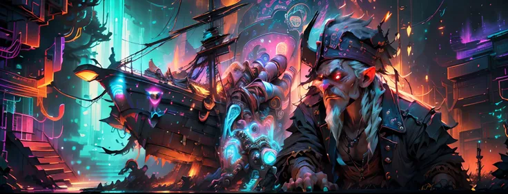 Under the cover of night, let the black light reveal a hidden world of enchantment and wonder. The weathered male pirate stands amidst a sea of pirate wenches, their arms entwined, as vivid 3D images come alive with psychedelic colors. The tavern and ships...