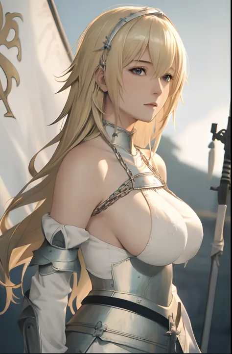 best quality, masterpiece,highly detailed,anime,1girl, adult face, mature face, mature female, mature woman, mature beauty, adult blonde, mature blonde,upper body,(jeanne darc),big breasts, large breasts, breast size 95cm, huge breasts, perfect face,blond ...