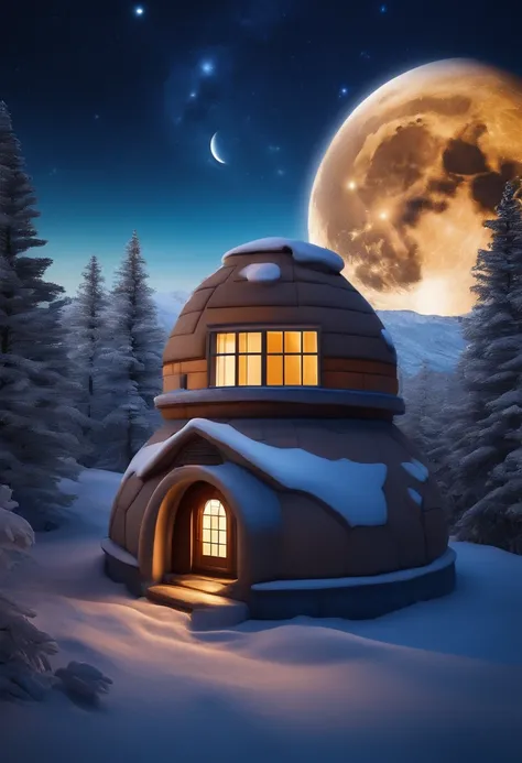 a magnificent colorful igloo with a chimney in the center of the roof, a door and two Windows and solar panels , uhd, hyperdetails, Milky Way, giant blue moon in the background, and shooting stars