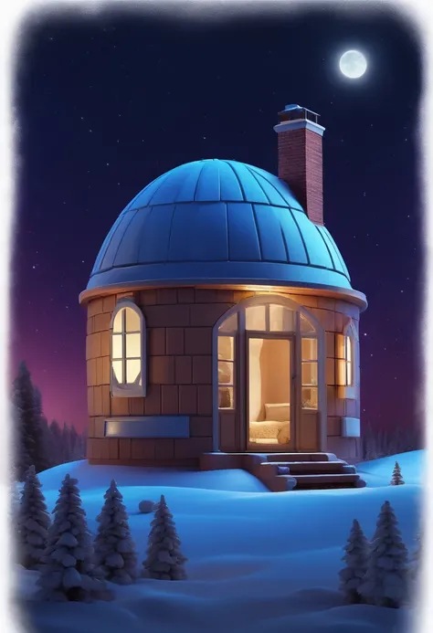 a magnificent colorful igloo with a chimney in the center of the roof, a door and two Windows and solar panels , uhd, hyperdetails, Milky Way, giant blue moon in the background, and shooting stars