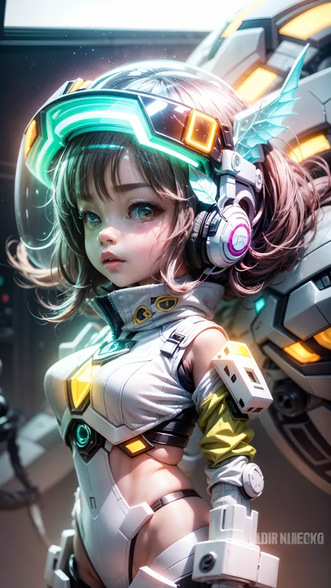 （Blind box toy style：1.2），（Full body photo），1 sexy girl，cute female child，Transparent mech，(Exquisite helmet：1.2)，(Luminous goggles：1.2)，cyber punk perssonage，dreamy glow，Ren，white backgrounid，（globalillumination，Ray traching，hdr，The rendering is not reali...