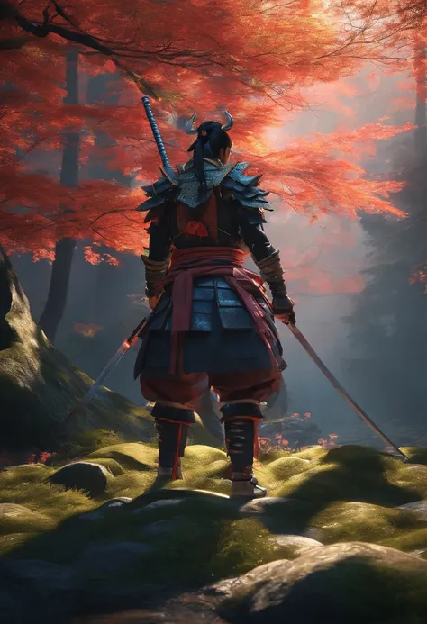 Samurai, standing in dark forest