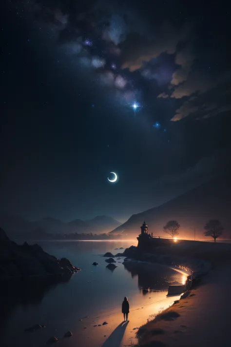 Create an illustration of a starry night sky in dark tones, with a crescent moon casting a soft silvery glow, A serene and mystical atmosphere, illustration, pintura digital, --ar 16:9 --v 5