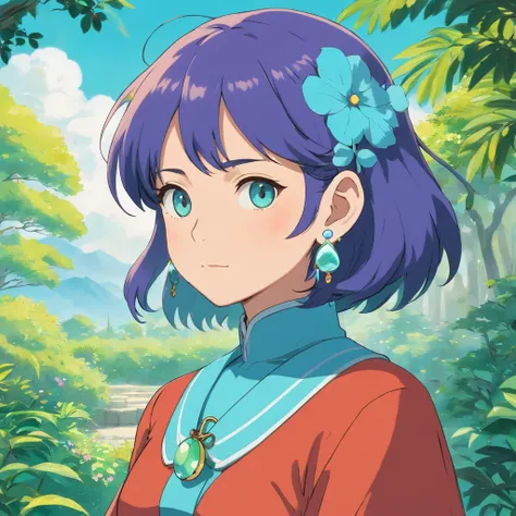 a girl wearing an anime collar, a long necklace and earrings, in the style of tranquil gardenscapes, colorful animation stills, masami teraoka, aquamarine, paul gauguin, Embry style, honest portrayal