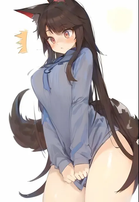 Anime girl with long hair and tail tail standing in a blue shirt, holo is a wolf girl, gato anime, gato anime bonito, gato anime bonito, (menina anime), Kemono, holo se uma menina lobo, "Menina Anime, cauda grossa, cauda fofa grossa, small curvy loli, meni...