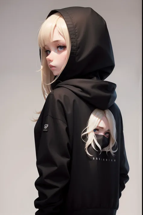 blonde girl 25 years old, with bob bob hairstyle in a black hoodie, standing with her back to the camera, in a black hoodie, in a black hoodie, Black hoodie, A girl in a hoodie, a black hoodie, A photo of a woman in the field of clothing, In an oversize ho...