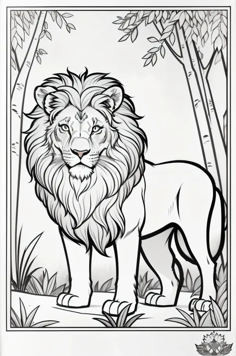 Coloring book of a lion in the forest, estilo cartoon, linhas grossas, sem cor, fundo branco, dashes only