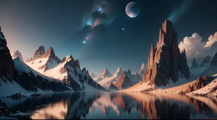 mountains and a lake with a moon in the sky, 4k highly detailed digital art, 4 k hd wallpaper very detailed, impressive fantasy landscape, sci-fi fantasy desktop wallpaper, unreal engine 4k wallpaper, 4k detailed digital art, sci-fi fantasy wallpaper, epic...