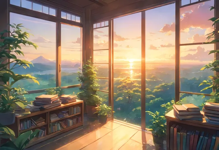 an exremely close up shot of a large window filled with plants and books is overlooking a breath taking and beautiful nature scenery, sunrise