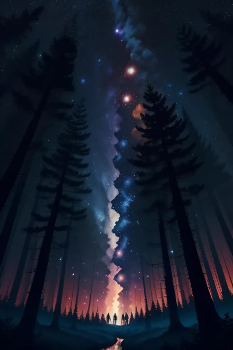 Create an illustration of a night forest, the trees that stretch into the starry sky, Fireflies dancing in the darkness, uma atmosfera encantadora e misteriosa, illustration, watercolor technique, --AR 16:9 --V 5