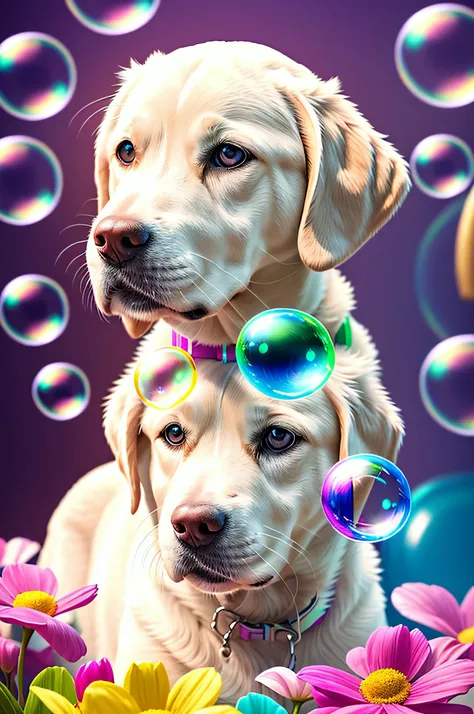 The prompt for Stable Diffusion would be as follows: "A white Labrador dog with beautiful expressive eyes, shiny fur, in a vibrant and realistic art style. The dog is portrayed in an abstract setting, surrounded by colorful flowers, ((neon soap bubbles)). ...