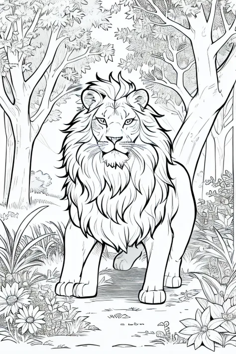 coloring book of a lion in the forest, estilo cartoon, linhas grossas, sem cor, fundo branco, dashes only