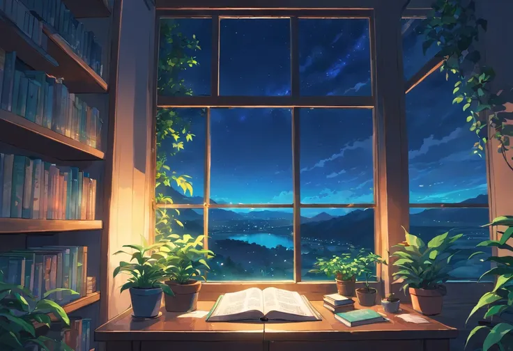 an exremely close up shot of a large window filled with plants and books is overlooking a breath taking and beautiful nature scenery, night time