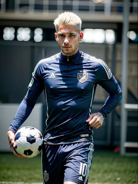 Homem Soccer Player Platinum hair with tattoos, in a blue club, Training, photo from afar