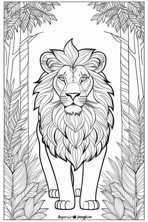 coloring book of a lion in the forest, estilo cartoon, linhas grossas, sem cor, fundo branco, dashes only