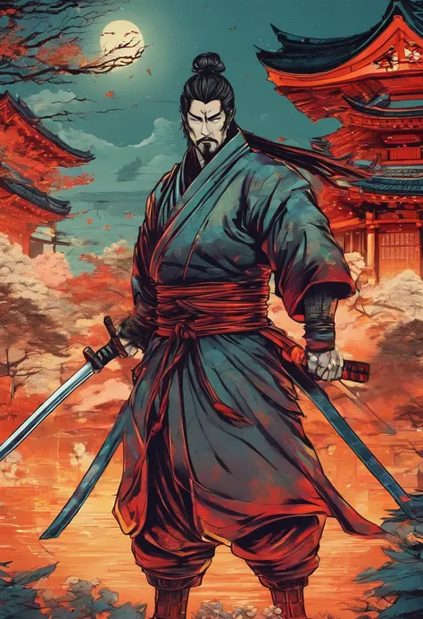 Ronin, holding katana, burning dojo in background