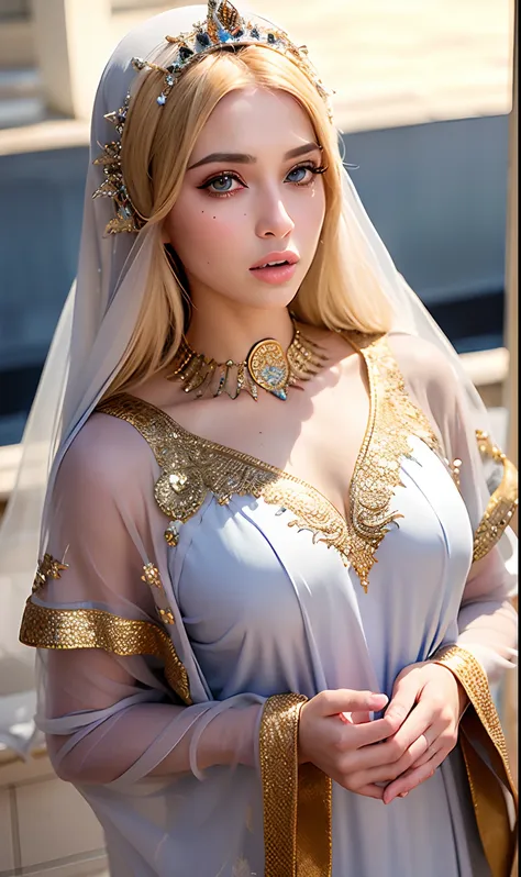 Very Beautiful princesse glowing eyes sexy Mouth glowing crystal eyes hyper realistic super detailed Dynamic shot master piece blond hair européenne Princesse hyper realistic super detailed islamic caftan marocain couvre son corps entier