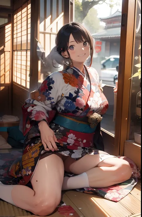 ultra-quality, ultla highres, Hyper Detailed, High contrast, superfine illustration, creative refinement, Smile, japanese kimono