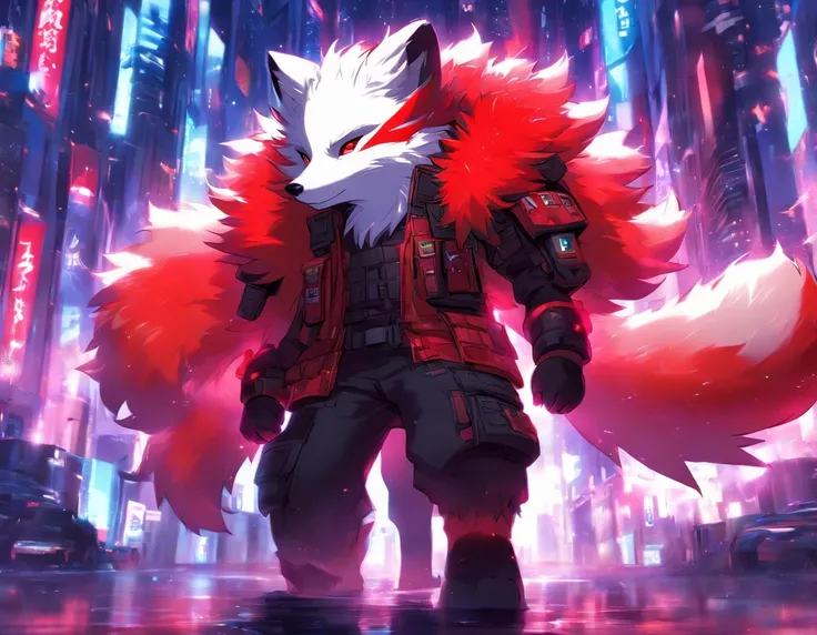 high detail, hyper quality, High Resolution, 1080p, 独奏, Furry, (Male Arctic Fox: 1), (Red fur: 1.3), blue skin, white ears, red-eyes, sharp claws, (furry tail: 1.2), (Carrying soldiers equipment)), Wearing bulletproof vests, ((Wearing soldiers helmets)), A...