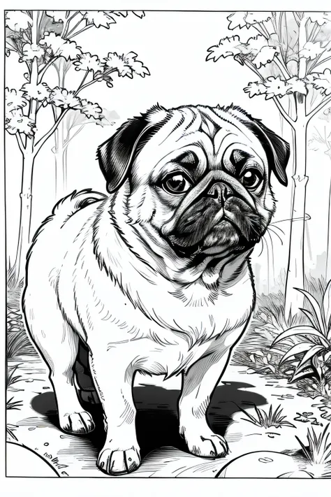 coloring book of a pug in the forest, estilo cartoon, linhas grossas, sem cor, fundo branco, dashes only