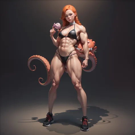 Ginger body builder girl with octopus plush tied on the neck, full body turnaround