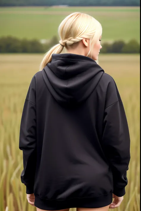 blonde girl 25 years old, with bob bob hairstyle in a black hoodie, standing with her back to the camera, in a black hoodie, in a black hoodie, Black hoodie, A girl in a hoodie, a black hoodie, A photo of a woman in the field of clothing, In an oversize ho...