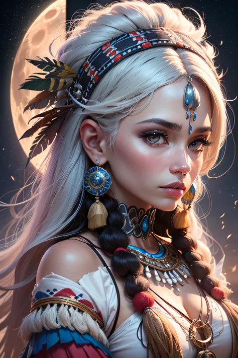 Shaman, brasileira, mulher cabelo branco , lindos cabelos brancos , Background dream moon ,ultra realista, with details of the culture of the indigenous, clothes and object with the same theme, lua translucida na noite ao fundo, UHD, detalhes super definid...