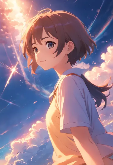 masterpiece, best quality, movie still, 1girl, cloud girl, floating in the sky, close-up, bright, happy, warm soft lighting, sunset, (sparks:0.7)