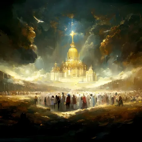 a painting of a large crowd of people standing in a field, slav epic, Ivan Aivazovski, gold gates of heaven!!!!!!!!, Directed by: Eugeniusz Zak, Marcos Simonetti. intrincado, reino divino dos deuses, Aivazovsky, Marc _ Simonetti, Catedral do Sol, esoteric ...