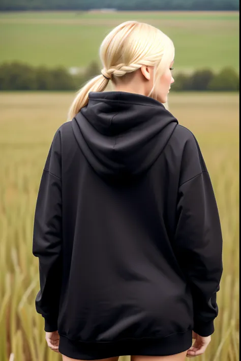 blonde girl 25 years old, with bob bob hairstyle in a black hoodie, standing with her back to the camera, in a black hoodie, in a black hoodie, Black hoodie, A girl in a hoodie, a black hoodie, A photo of a woman in the field of clothing, In an oversize ho...