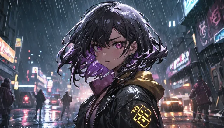 fotografia de close-up, jovem cyberpunk confiante com cabelo branco com franja, usando um capuz com desenhos preto e branco, on a rain-soaked street at night, fotorrealista, Cinematic lighting, carro no fundo, cidade cyberpunk, Japan