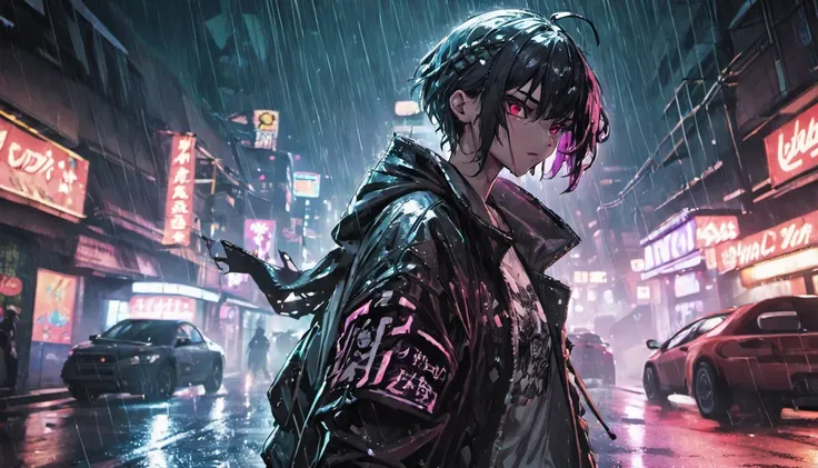 fotografia de close-up, jovem cyberpunk confiante com cabelo branco com franja, usando um capuz com desenhos preto e branco, on a rain-soaked street at night, fotorrealista, Cinematic lighting, carro no fundo, cidade cyberpunk, Japan