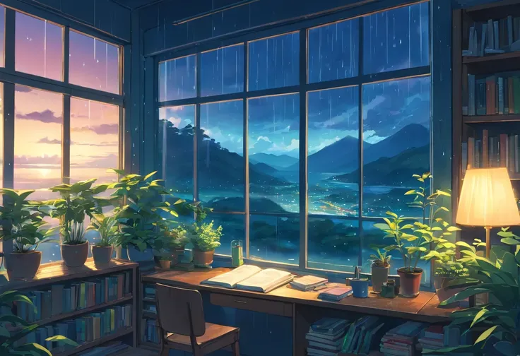 an exremely close up shot of a large window filled with plants and books is overlooking a breath taking and beautiful nature scenery, night time, (rainy)