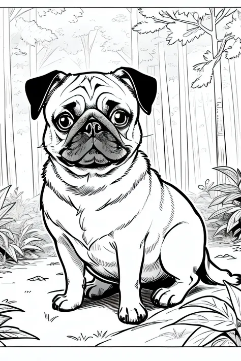 Coloring book of a pug in the forest, estilo cartoon, linhas grossas, sem cor, fundo branco, dashes only