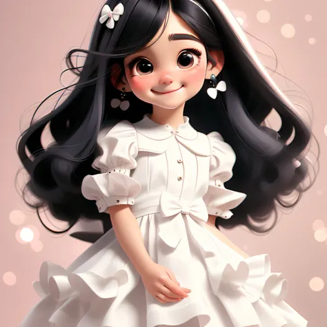 1girl, solo, long hair, BLACK eyes, black hair, smile, earrings, hairbbow, (white dress), short sleeves, jewelry, puffy sleeves, looking at viewer, dress, puffy short sleeves, full body, simple background, white dress, blush, lips