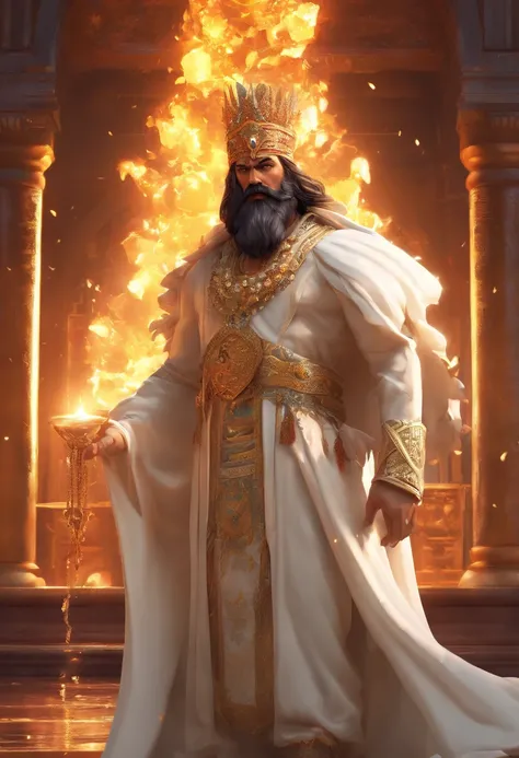 An Indian king, with gold crown, big blue jewel on the crown, big white mustache, big white beard, big fire sword, white dress, wearing a lot of gold ornaments, serval bodyguards in the back, water reflections on the floor (Professional 3D rendering:1.3) b...