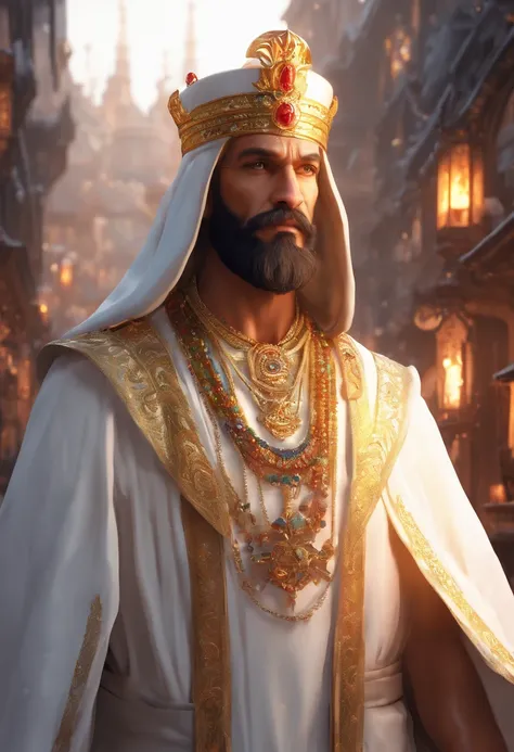 An Indian king, with gold crown, big blue jewel on the crown, big white mustache, big white beard, big fire sword, white dress, wearing a lot of gold ornaments, serval bodyguards in the back, water reflections on the floor (Professional 3D rendering:1.3) b...