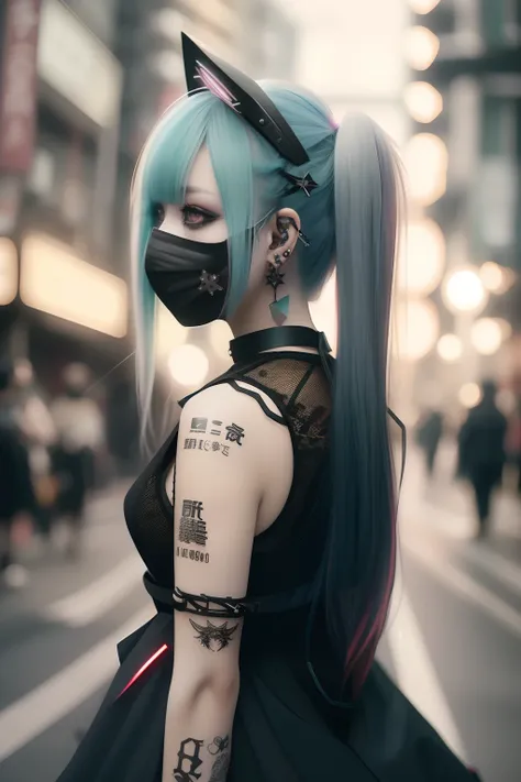 miku hatsune、Green hair、Sleeveless。masks、Sleeveless、The tattoo、bright red、Really red、Red、Red-haired、rot、red hairs、head phone、🎧、goth_punk, 1girl in, 独奏, medium shot, Walking in Harajuku, ((during night)), bokeh dof, Neon light, Iridescent eyes, starrysky, r...