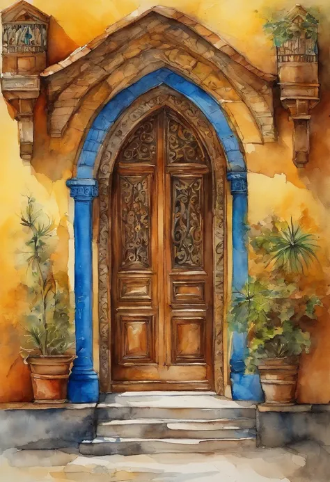 Capela amarela com porta azul aquarela sobre textura