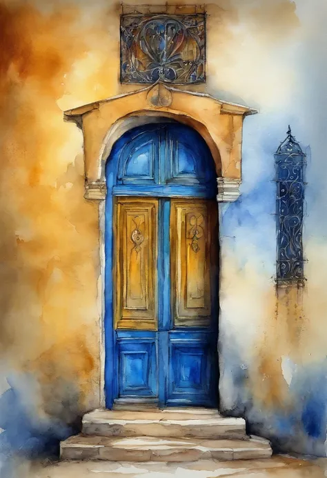 Capela amarela com porta azul aquarela sobre textura