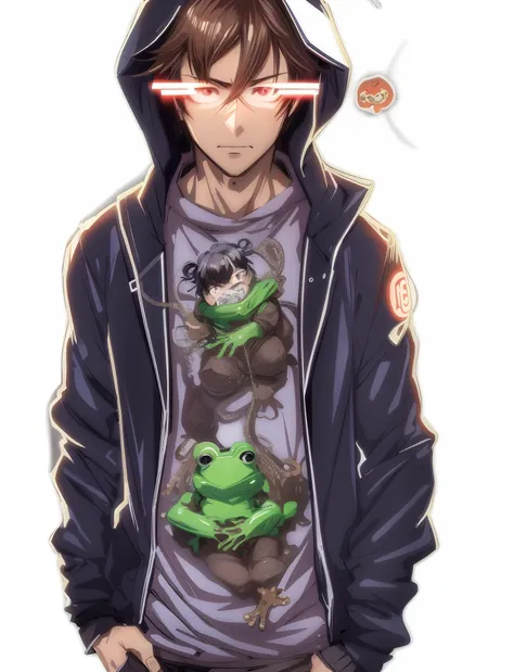 Anime Boy with hood and Frog T - Shirt with red eyes, cyberpunk frog, 2 d anime style, style . sitting, thoughtful, epic anime, Digital art of Danganronpa, anime-style, anime-style, anime-style, Japanese-style, Goro Fujita-inspired, detailed fanart, offici...