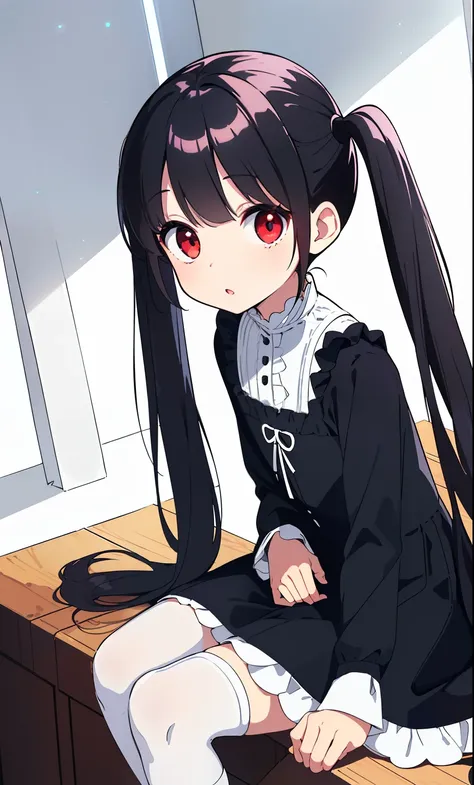 (Detailed and beautiful outlines,white light,soft light,natural light,Caucasian skin:1.3),(upturned eyes,:o,twin tail,black hair,red eyes,over kneehighs,mourning dress,hand between legs,sitting,looking up,day,blue sky,Pale red eyes:1.1),Black Roses,looking...