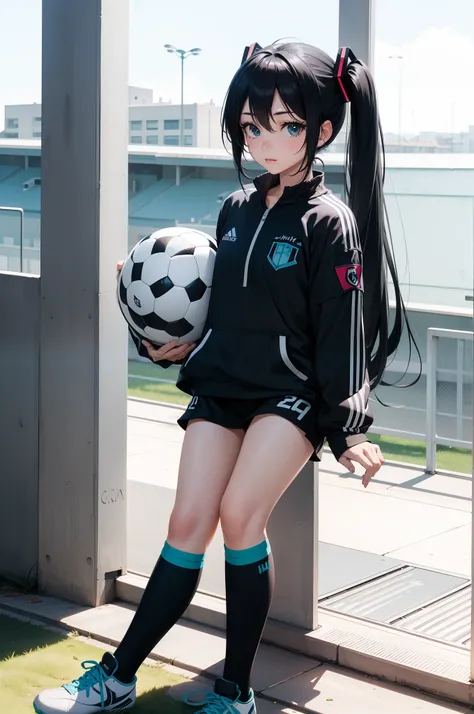 hatsune miku black hair, soccer unifrom