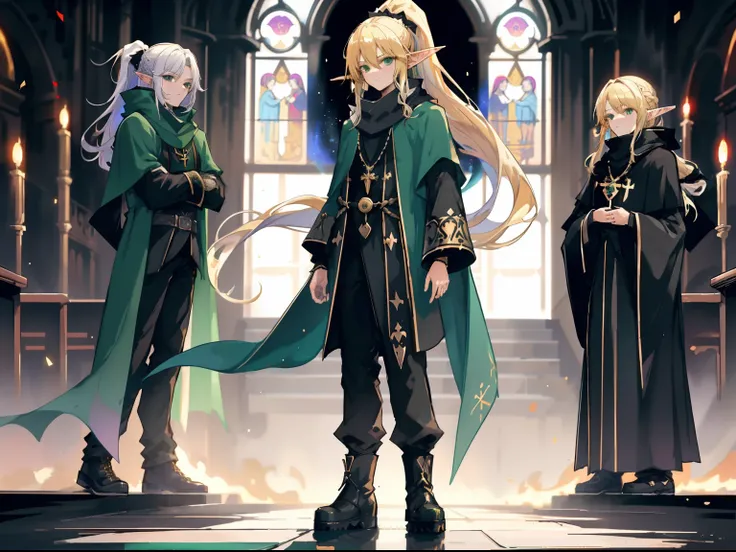 (best quality, highres), (long hair:1.1), (blonde hair:1.1), (elf ears:1.1), (priest:1.1), (fantasy:1.1), (ponytail:1.1), (looking at camera:1.1), (black priest robe:1.1), (scarf:1.1), full body, boots, black pants, tall, manly, 1 boy, standing, church bac...