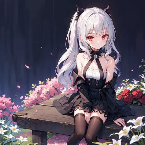 wavy silver hair、red eyes、Beautiful girl alone、Black fluffy dress、off shoulders、a miniskirt、Black tights、sitting on、poneyTail、flower  field