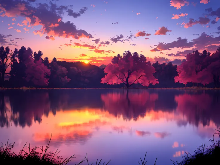 there is a beautiful sunset with a lake and trees in the background, colorful skies, surreal colors, colorful sunset, colorful sky, marvellous reflection of the sky, stunning sky, dream like atmosphere 8k, colorful clouds, colors reflecting on lake, surrea...