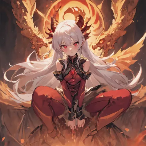 one woman, White skin, long white hair, one red lock of hair on the right side, (two thin and long black horns slightly curved inside, one blue eye and one brown eye,  two small red dragons wings, elf ears, dressed in skintight black leather, knee high bla...