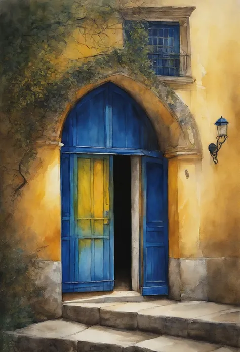 Capela amarela com porta azul, pintura de aquarela sobre uma textura, aquarela clara, aquarela aguada