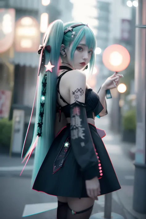 miku hatsune、Green hair、The bikini、Sleeveless、The tattoo、bright red、Really red、Red、Red-haired、rot、red hairs、head phone、🎧、goth_punk, 1girl in, 独奏, medium shot, Walking in Harajuku, ((during night)), bokeh dof, Neon light, Iridescent eyes, starrysky, red glo...